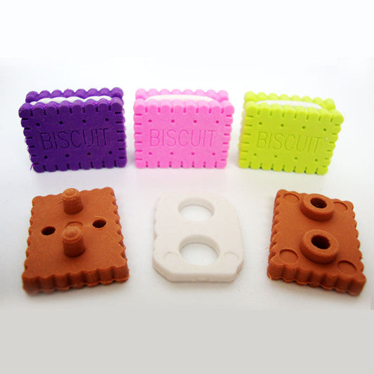 Sandwich biscuit erasers in purple, pink and green, with brown and white pull-apart pieces
