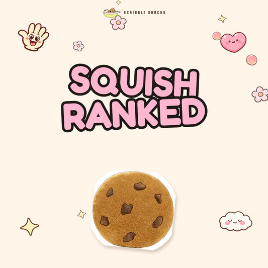 Pink bubble letters reading Squish Ranked above a fluffy chocolate chip cookie cushion, on a cream background with heart, cloud and sparkle doodles