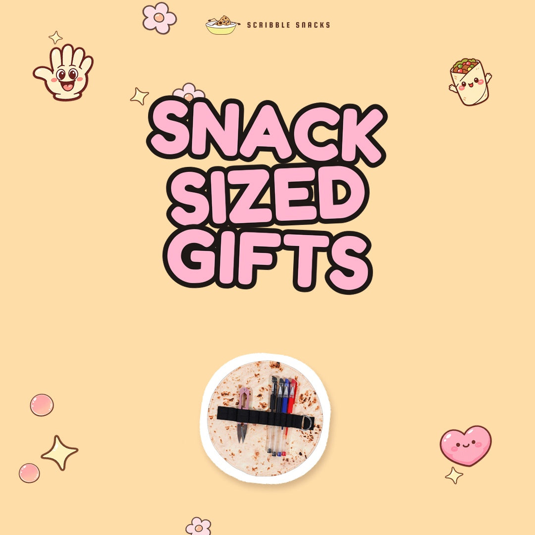 Snack Sized Gifts: Scribble Snacks Christmas gift guide cover with the Burrito Pencil Case and kawaii food doodles