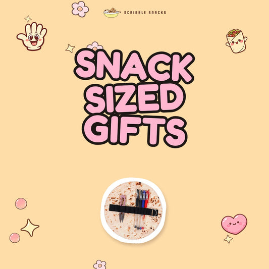 Snack Sized Gifts: Scribble Snacks Christmas gift guide cover with the Burrito Pencil Case and kawaii food doodles