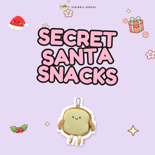 Pink bubble letters reading Secret Santa Snacks above Crusty Toast Boy, a smiling toast coin purse, on a lavender background with Christmas doodles