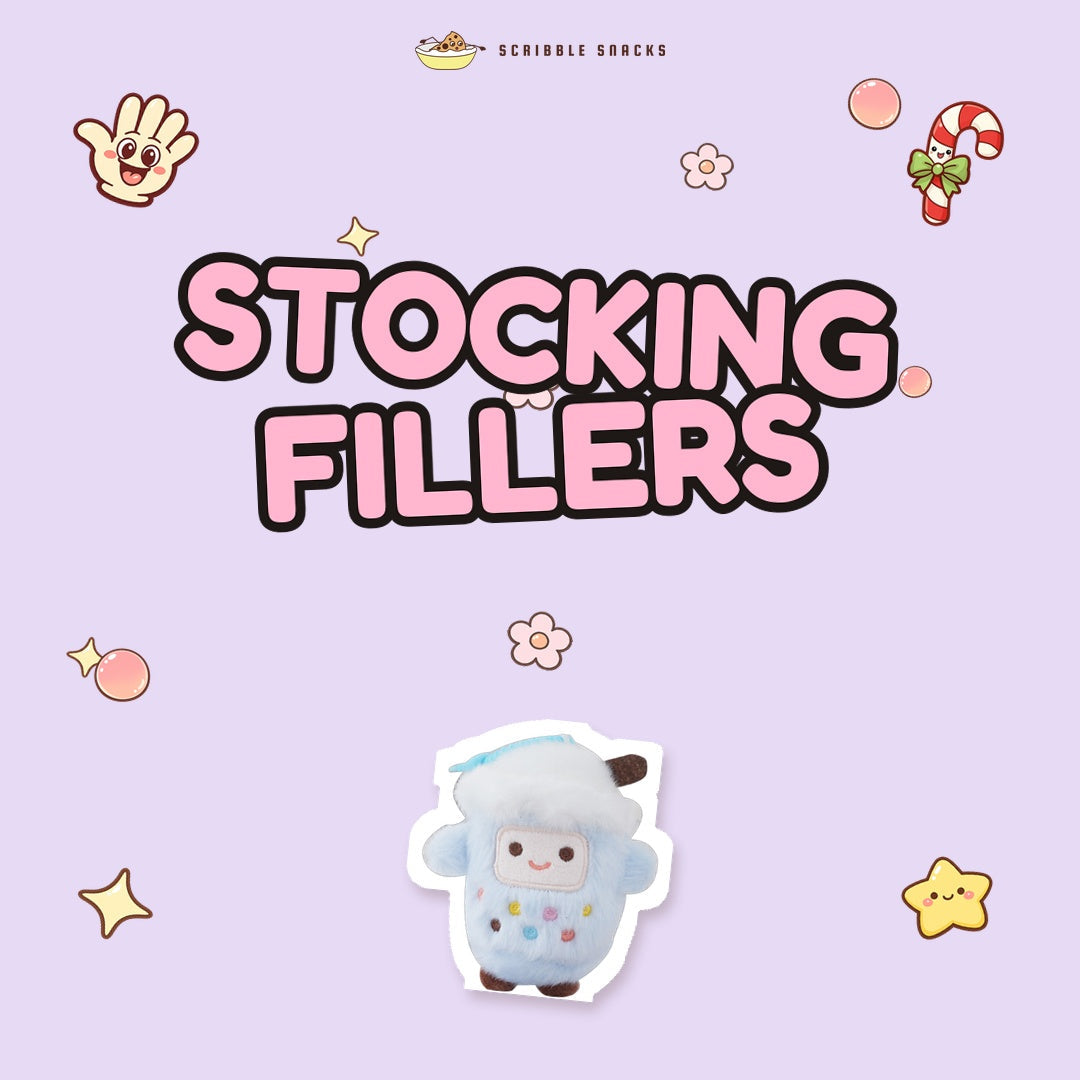 Pink bubble letters reading Stocking Fillers above a fluffy blue bubble tea plush keychain, on a pastel lilac background with a candy cane doodle