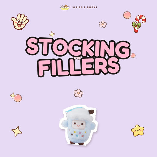 Pink bubble letters reading Stocking Fillers above a fluffy blue bubble tea plush keychain, on a pastel lilac background with a candy cane doodle