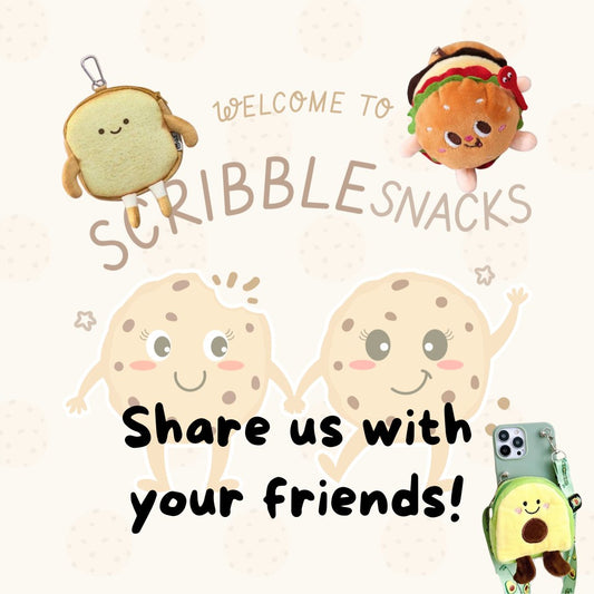 Share us with your friends graphic with smiling cookies, a toast purse, a burger keychain and an avocado phone case
