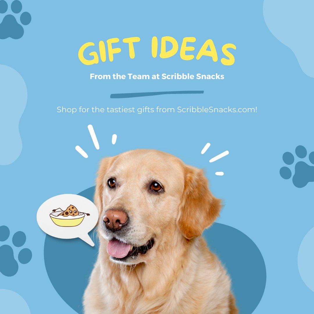 Gift Ideas from the team at Scribble Snacks graphic with a golden retriever and a cereal thought bubble