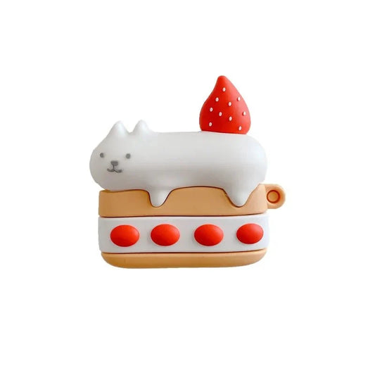 Strawberry cat cake AirPods case: a white cat lying on a slice of strawberry sponge cake