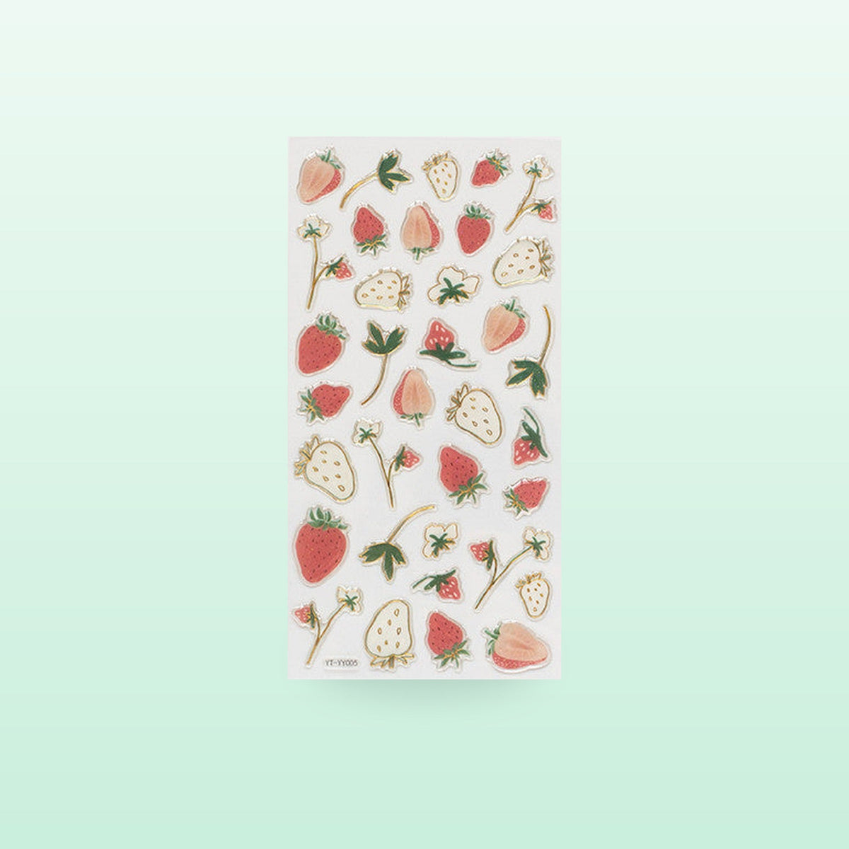 Strawberry metallic fruit sticker sheet with red and white berries and gold edges, on a soft mint background