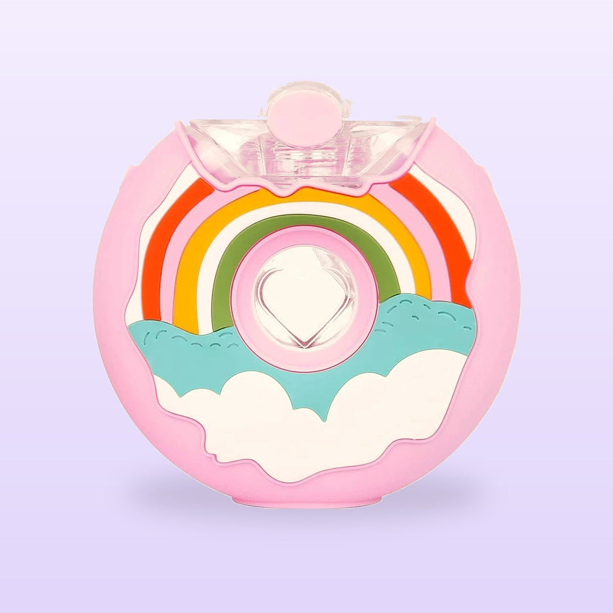 Rainbow pink donut kids straw bottle with a rainbow and clouds, on a lilac background