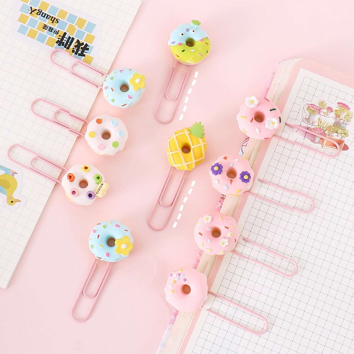 Desk Bits - donut paper clips on a pastel desk - Scribble Snacks