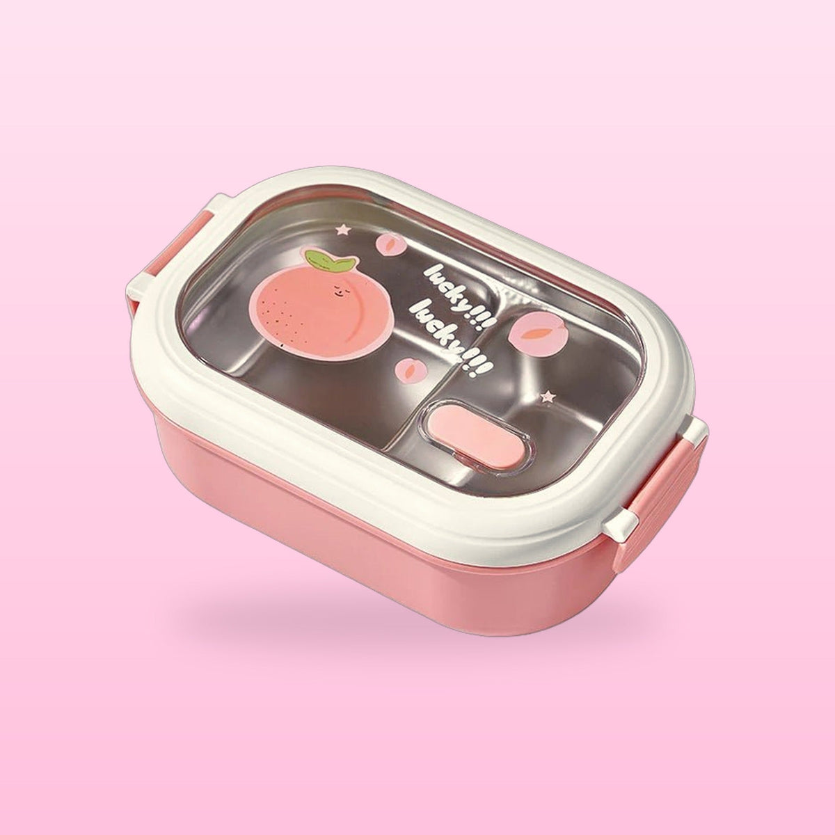 Pink stainless steel bento box with a cream lid and peach print on a pink background