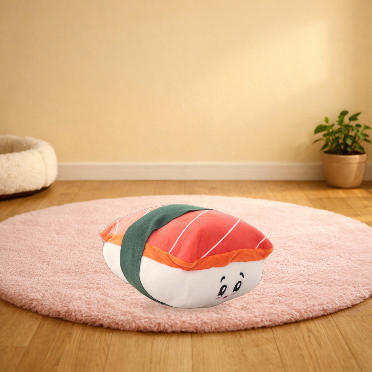 Salmon sushi plush pet toy on a pink rug in a living room