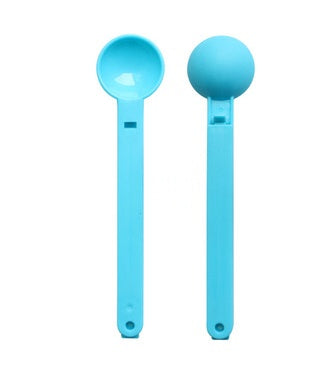Two turquoise plastic scoop-shaped pieces shown front and back with long handles and hanging holes.