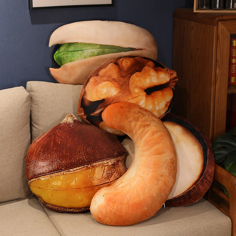 Pile of giant nut pillows on a sofa