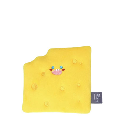 Soft yellow cheese wedge dog toy featuring a cute face with blue eyes and colourful details, perfect for tugging and playing.