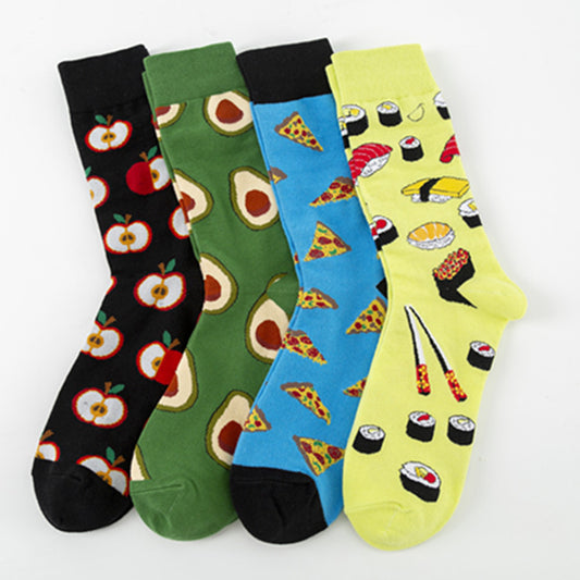 Four crew socks laid side-by-side: black apples, green avocados, blue pizza slices, yellow sushi print.