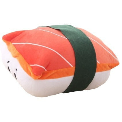 One plush sushi nigiri pillow with orange-striped top, white rice base with black dots and a green band.