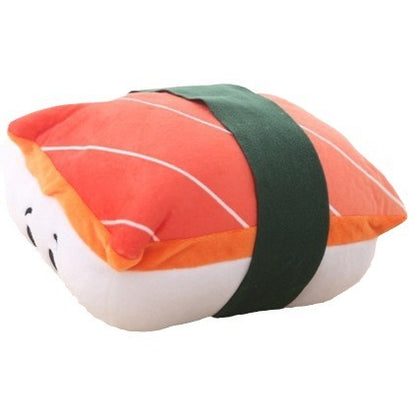 One plush sushi nigiri pillow with orange-striped top, white rice base with black dots and a green band.