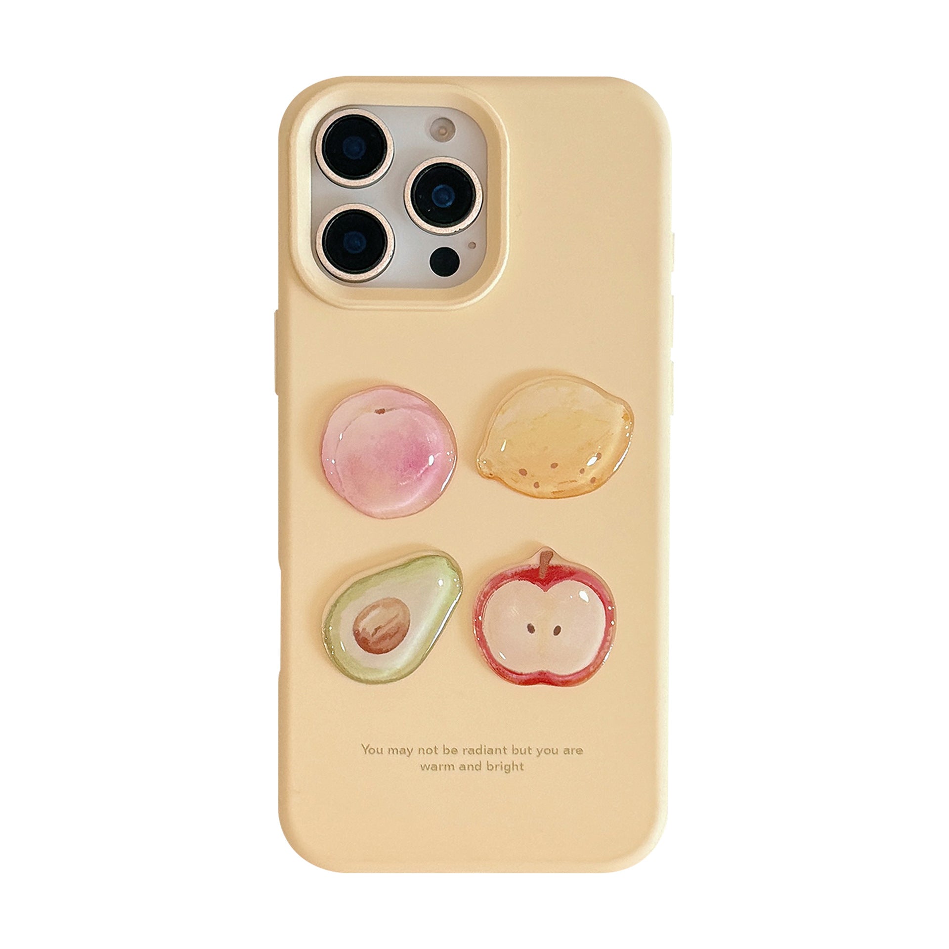 Light yellow iPhone case featuring 3D painted fruit: peach, lemon, avocado, and apple, with a motivational quote below.