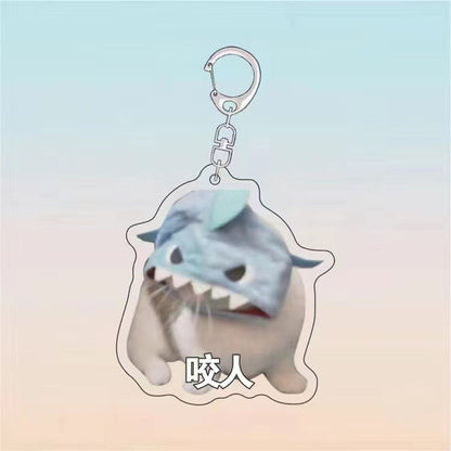 Shark hat cat meme acrylic keychain with Chinese text on it