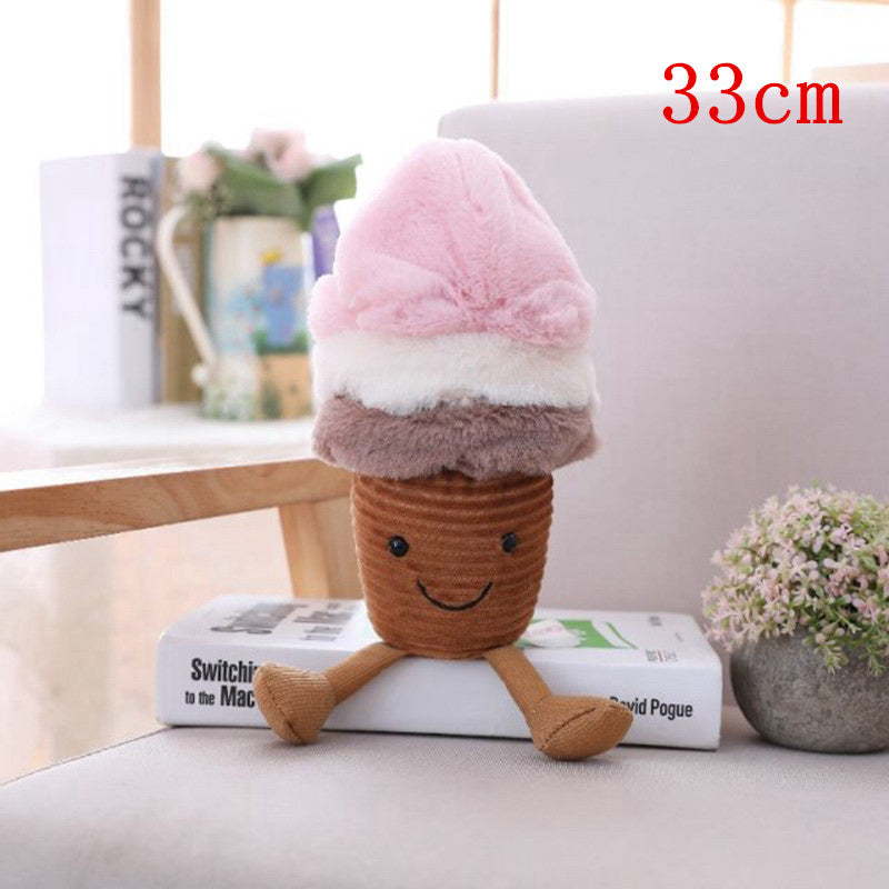 One plush ice cream toy with pink, white and brown scoops, smiling corduroy cone and dangling legs.