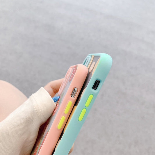 Candy-coloured fruit iPhone cases in pink and mint, featuring vibrant graphics and tactile buttons on the sides.