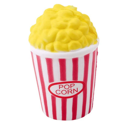 Popcorn squishy stress toy in a red striped tub, 7.5 x 7.5 x 11 cm
