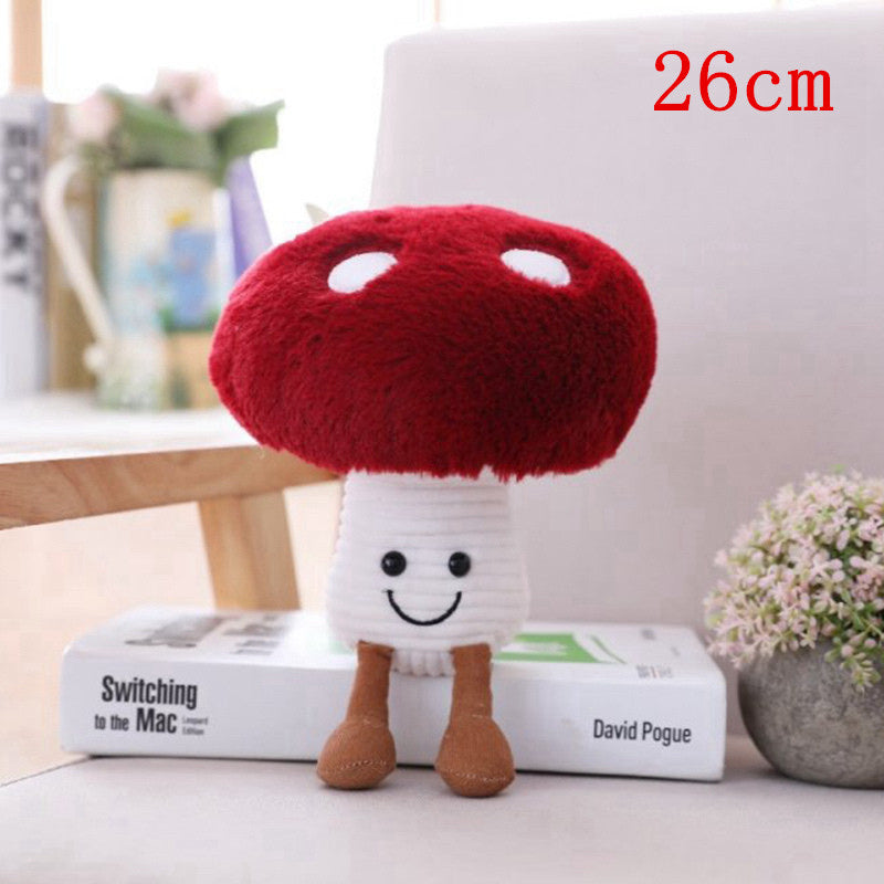 One red-capped plush mushroom with white spots, ribbed white stem, smiling face and brown legs, '26cm' text.