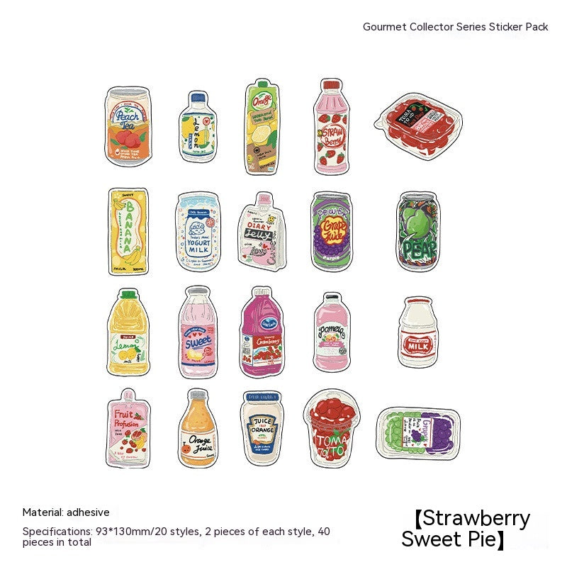 20 small colorful illustrated food and drink stickers (bottles, cans, cartons, fruit) on white background.