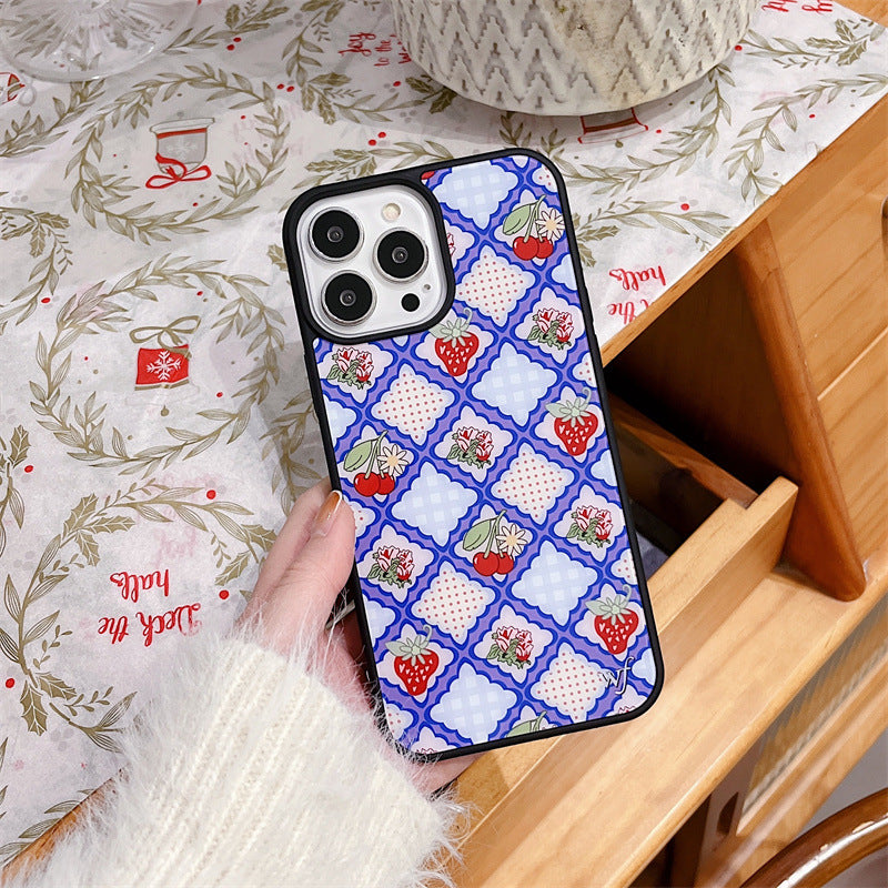 Cherry Blossom Fruit iPhone case featuring a blue background with strawberry patterns and a quilted design.