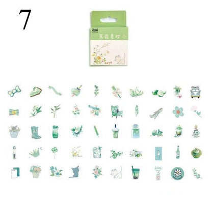 63 small pastel green stickers of plants, drinks, cats, flowers with a green header card on white background.