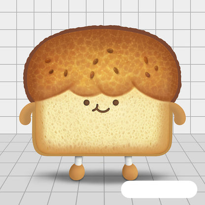 One toast-shaped plush with brown seeded crust, cream center, smiling face, arms and legs on tiled background.