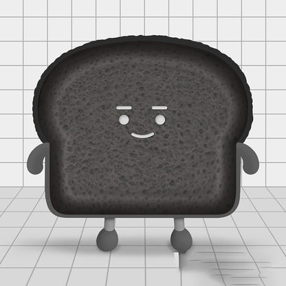Charcoal toast-shaped plush with porous texture, small arms and round feet, smiling face on tiled floor.