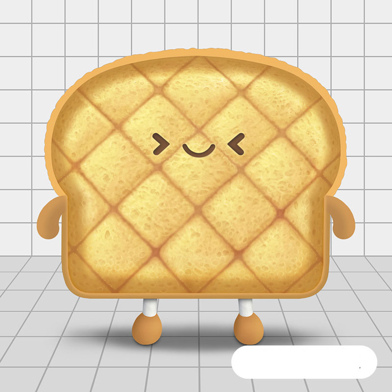 One tan quilted toast-shaped plush pillow with smiling face, short arms and legs on tiled floor.
