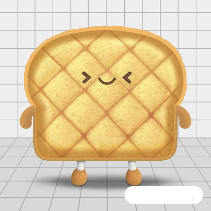 One tan quilted toast-shaped plush pillow with smiling face, short arms and legs on tiled floor.