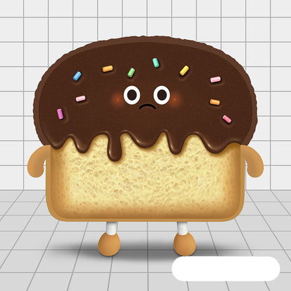 One toast plush with light brown bread and dark chocolate top with sprinkles, sad face, arms and legs.