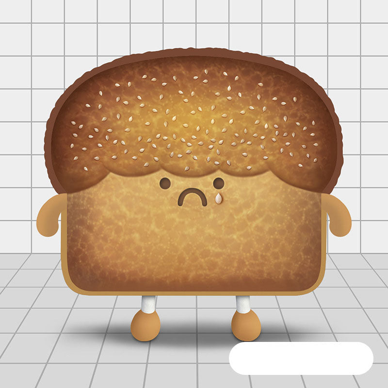 One plush toast pillow with brown sesame-seed crust, sad face with teardrop, tiny arms and legs on tiled fl...