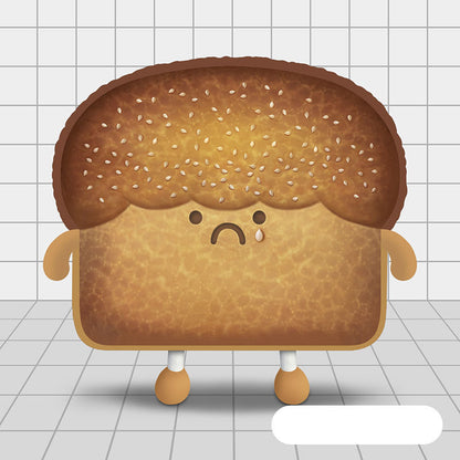 One plush toast pillow with brown sesame-seed crust, sad face with teardrop, tiny arms and legs on tiled fl...