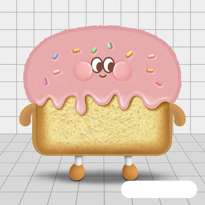 One plush toast with pink frosting and sprinkles, smiling cheeks, arms and round orange feet on gray tiles.