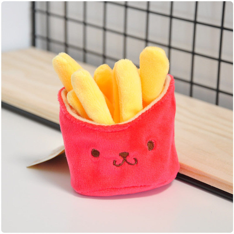 One red plush fries pouch with embroidered face holding five yellow plush fries.