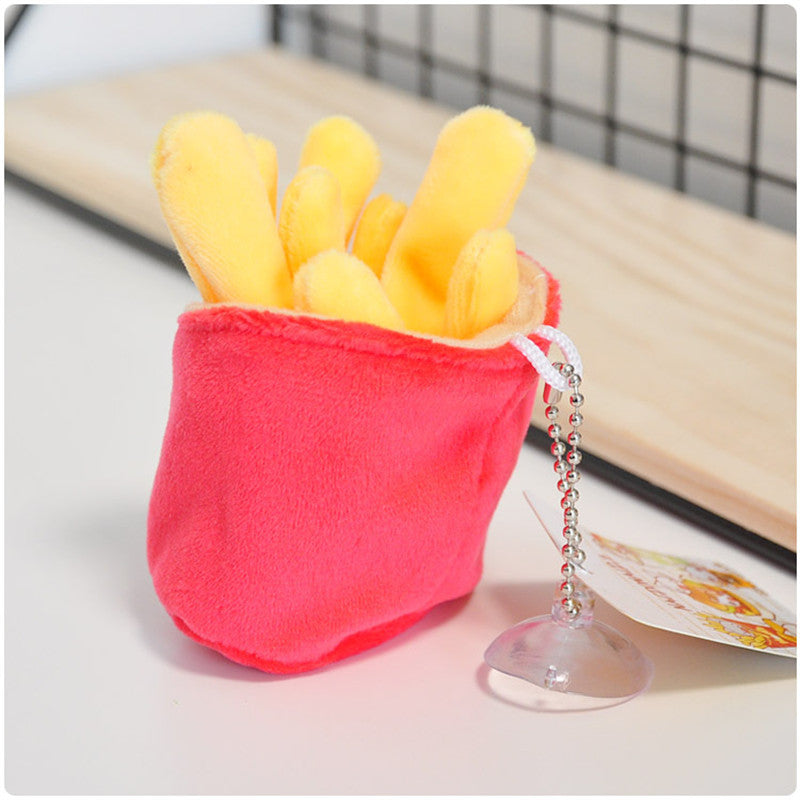 One plush red fry pouch with several yellow plush fries, with silver ball-chain, clear suction cup and tag.
