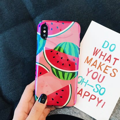 One glossy pink phone case with large watermelon slice print, vertical dual-camera cutout, held in hand.