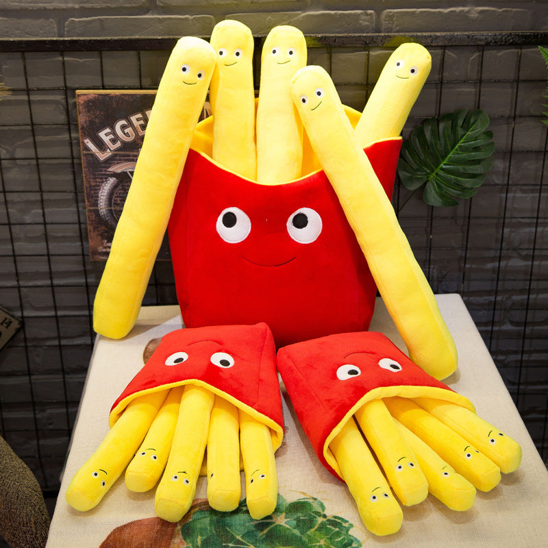 Three red plush fry pouches: one large with 5 long yellow smiling fries, two small with 4 fries each.