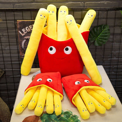 Three red plush fry pouches: one large with 5 long yellow smiling fries, two small with 4 fries each.