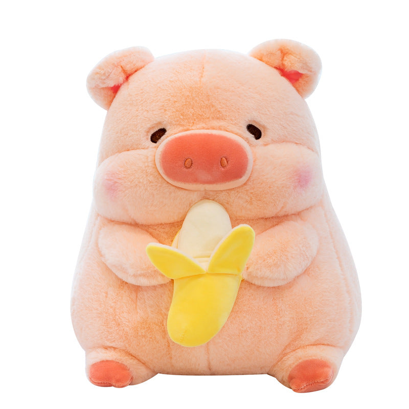 Cute, rosy pink pig plush toy holding a soft banana, featuring round ears and a big smile. Ideal for cuddling.