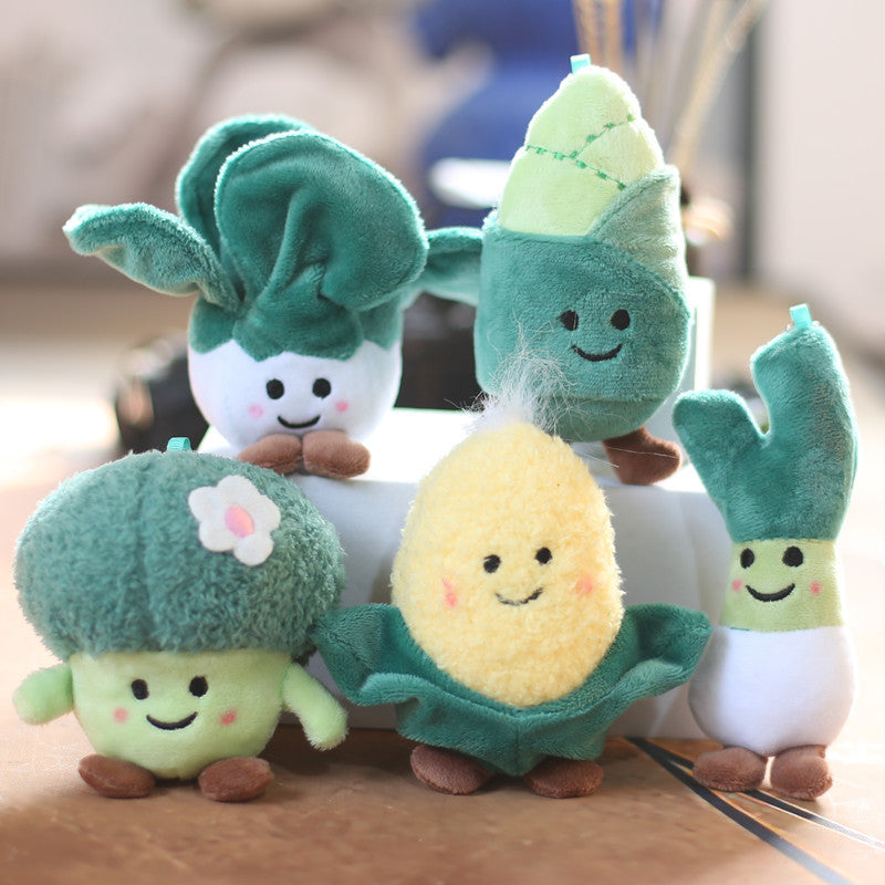 Real supplier photo: the five plush veg charms (bok choy, bamboo shoot, broccoli, corn, spring onion) that come in the kit