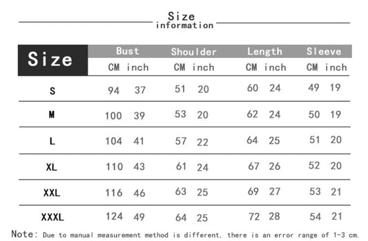 Size chart table showing sizes S-XXXL with bust, shoulder, length and sleeve measurements in cm and inches.