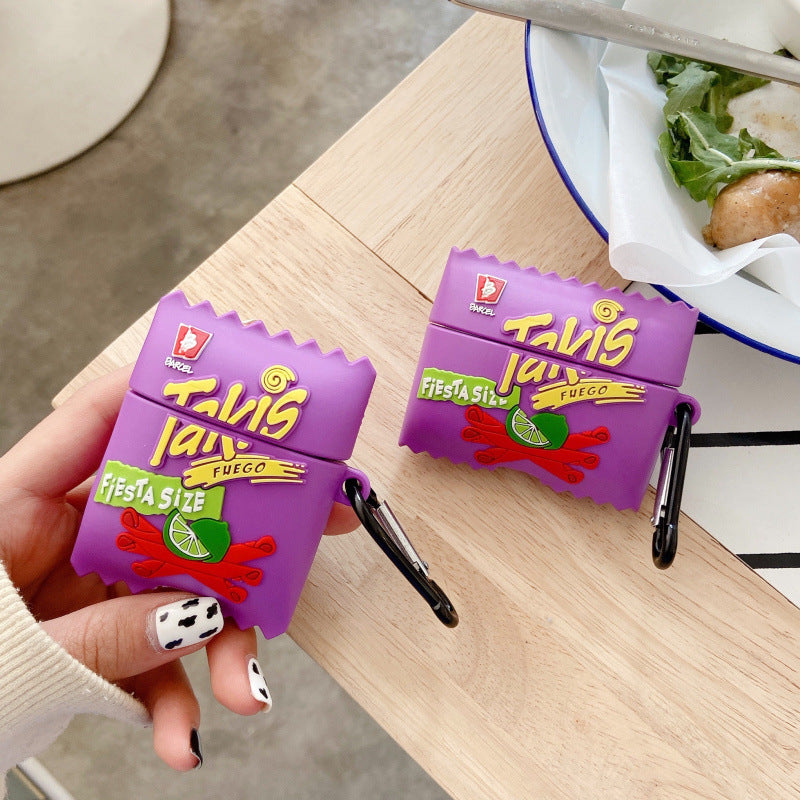 Kawaii purple candy bag AirPods case with 'Takis Fuego' design, complete with a clip for easy attachment.