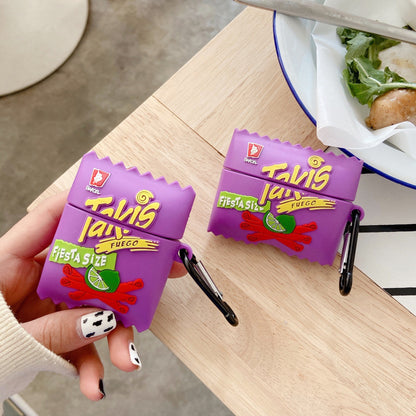 Kawaii purple candy bag AirPods case with 'Takis Fuego' design, complete with a clip for easy attachment.