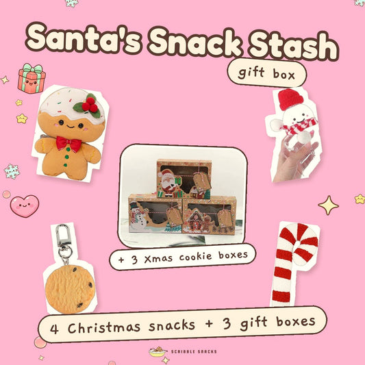 Santa's Snack Stash gift box contents: gingerbread plush, bottle, cookie keychain, candy cane cushion and cookie boxes
