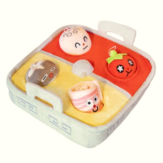 Plush hot pot with smiley ingredients on a white background